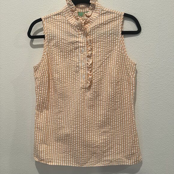 Jules Reid Sleeveless Ruffle Blouse Striped Orange And White Cotton top Sz 4 - Picture 1 of 7